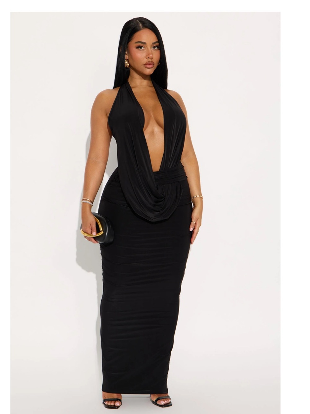 Fashion Nova Black Halter Draped Plunge Maxi Dress